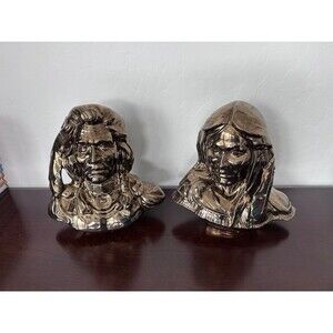 Vintage Native American Bust Statues Bronze Gold Ceramic 11" Southwest Man Woman